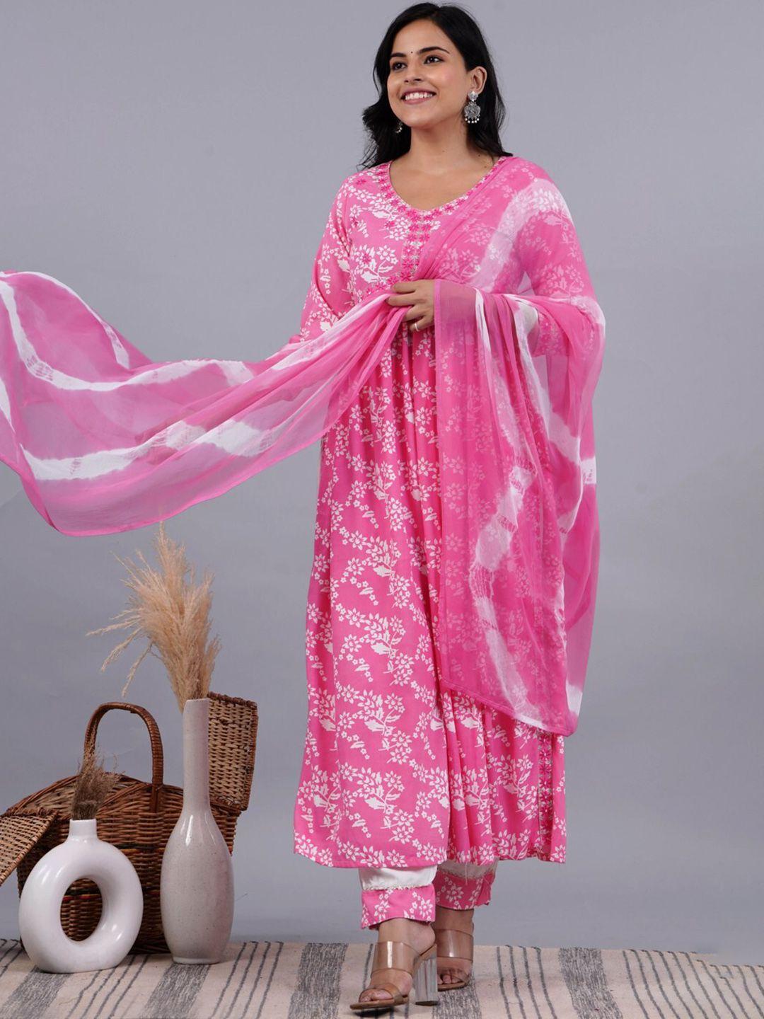 unisets floral printed mirror work high slit kurta & trousers with dupatta