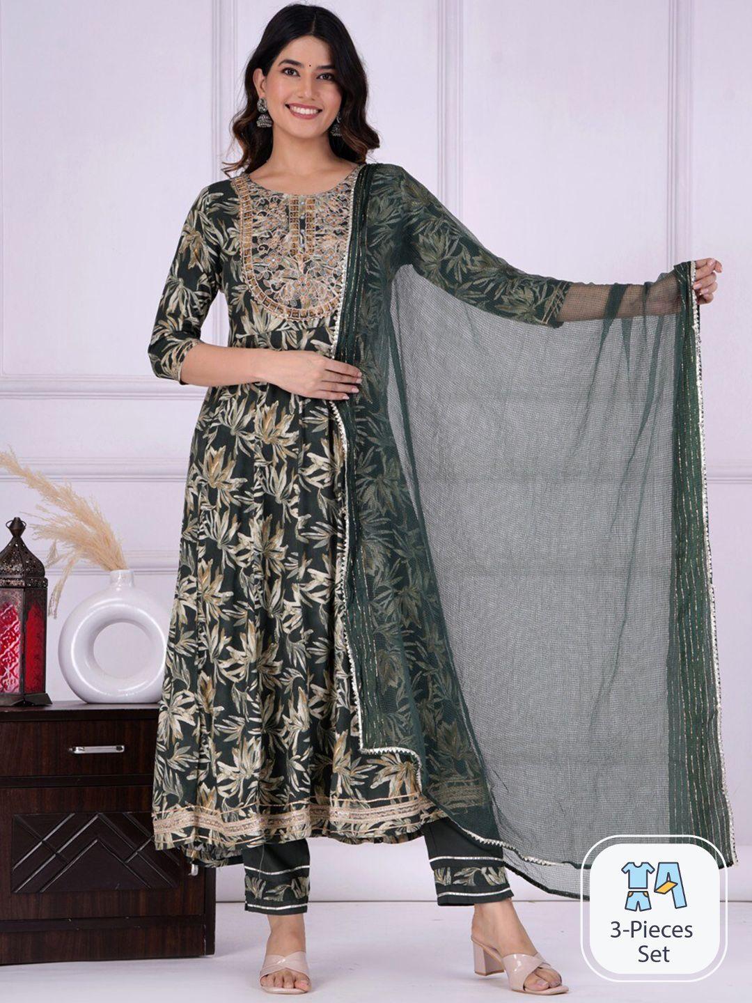 unisets floral printed regular kurta with trousers & dupatta