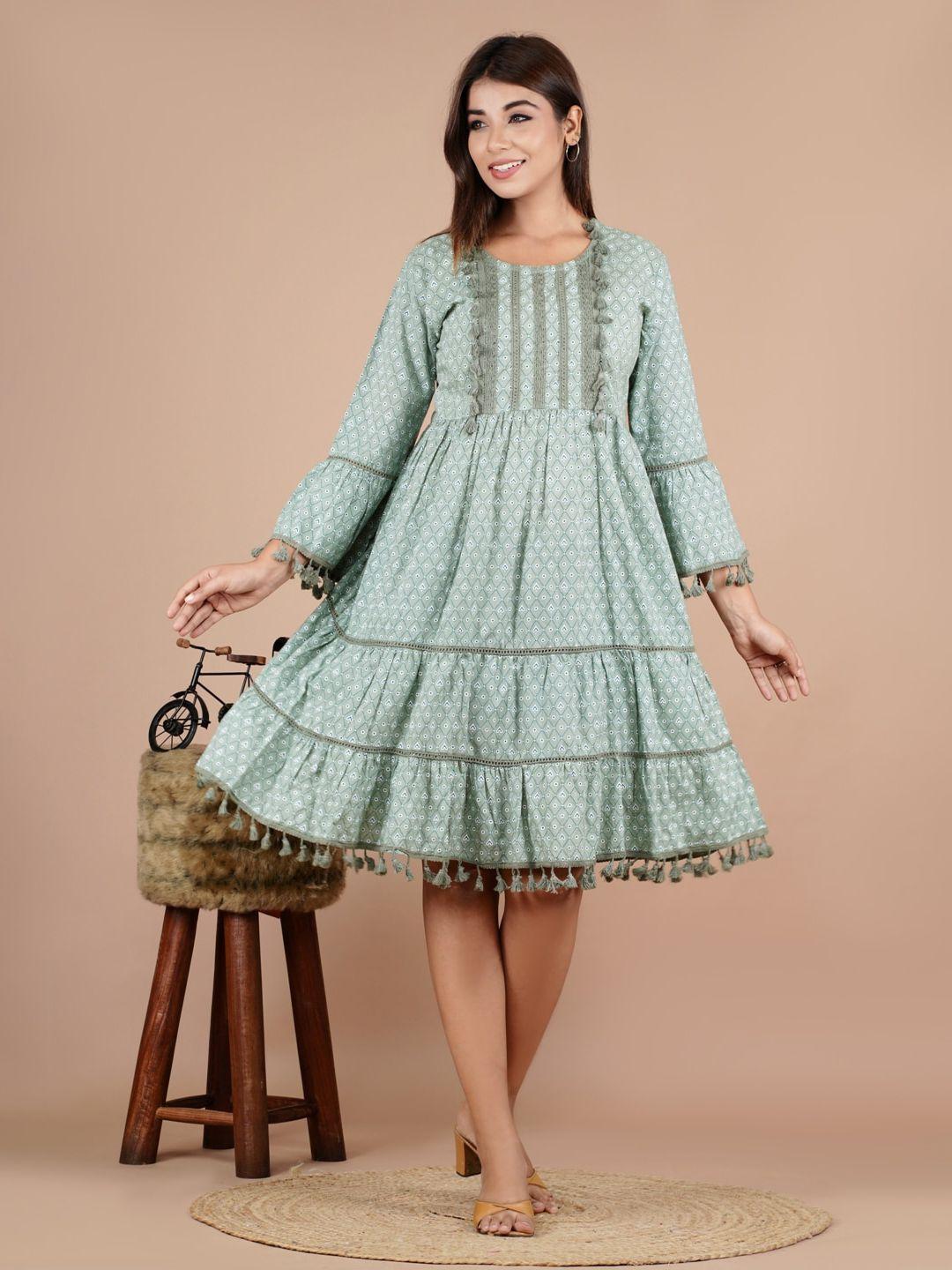 unisets geometric printed bell sleeve tiered a-line dress