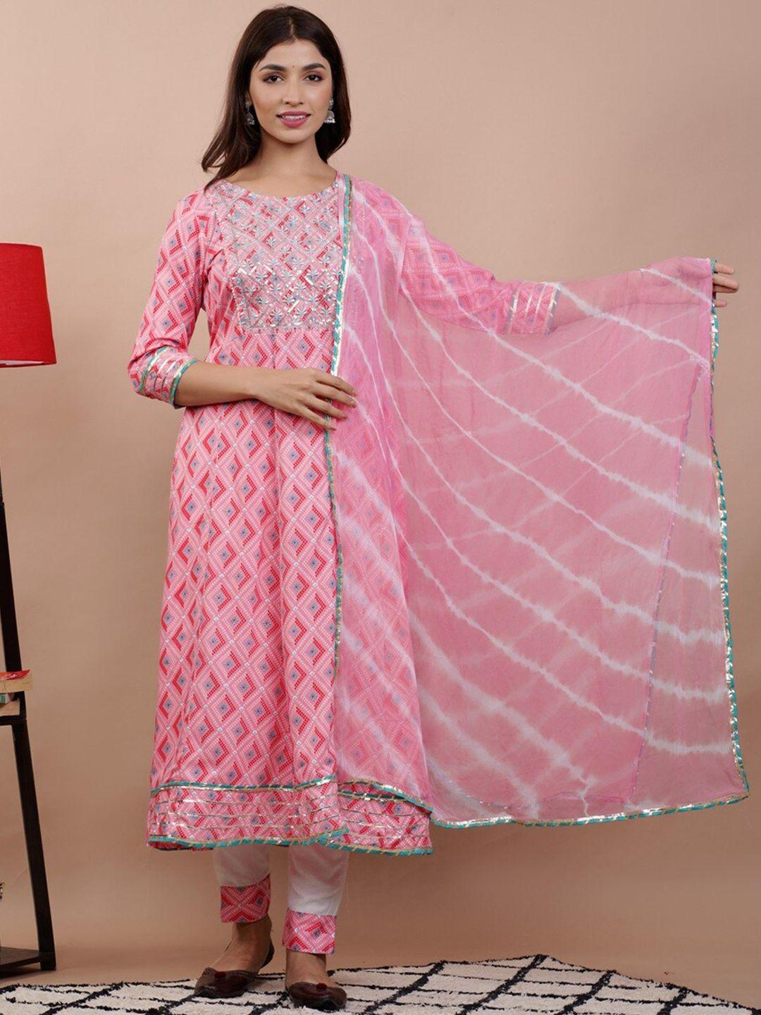 unisets pink ethnic motifs printed panelled sequinned kurta with trousers & with dupatta