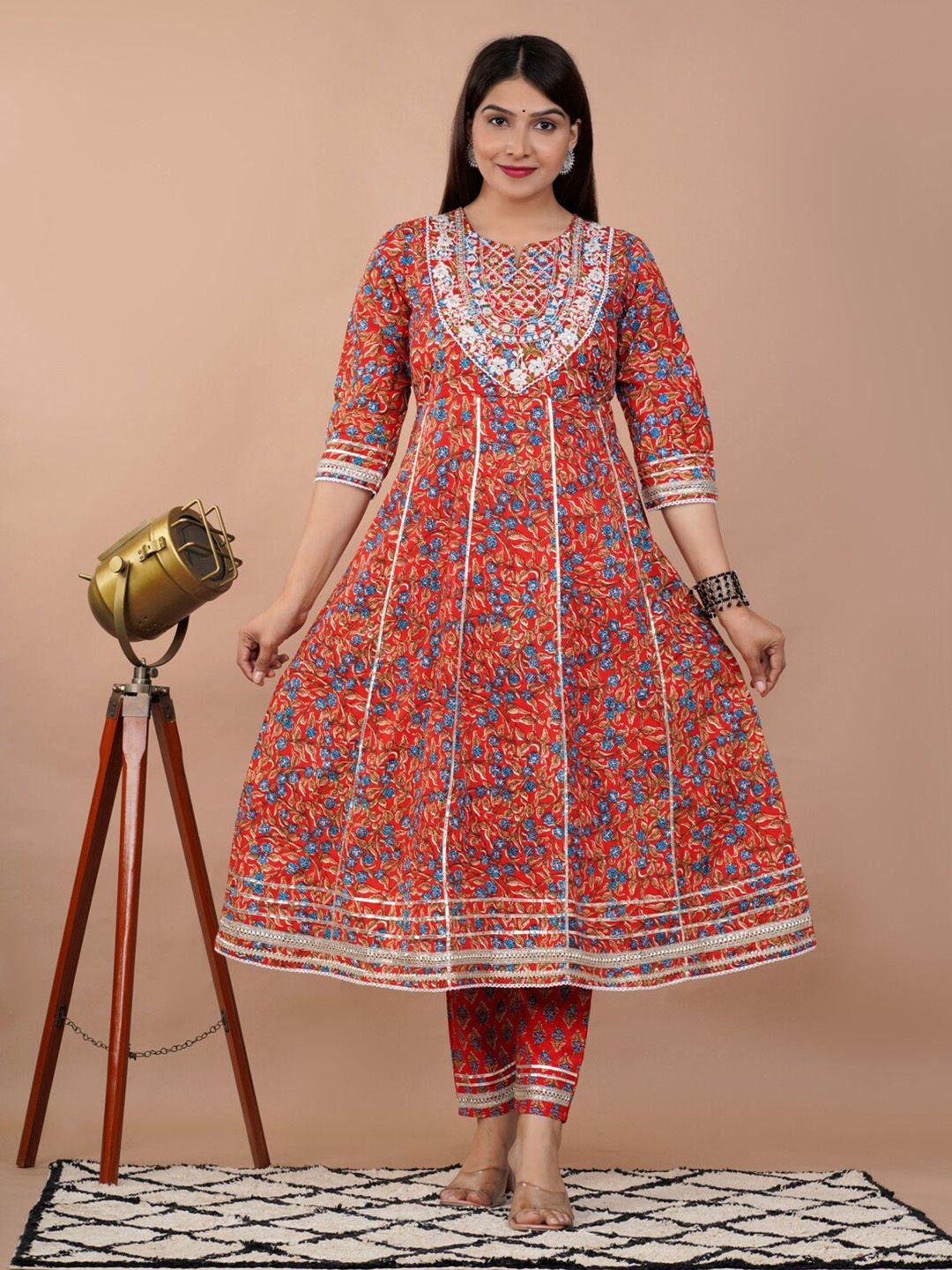 unisets red floral embroidered panelled mirror work kurta with trousers & with dupatta