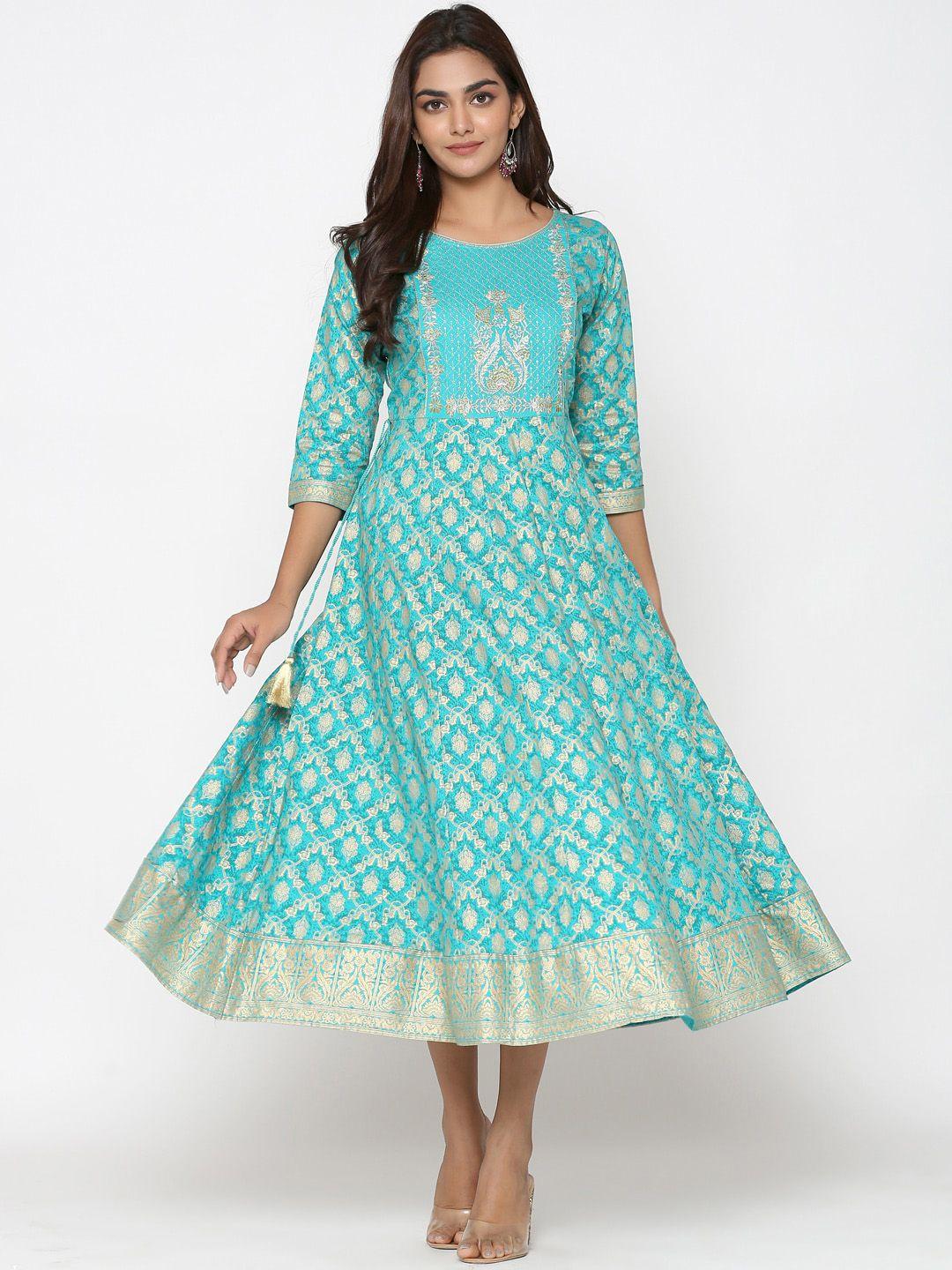 unisets turquoise blue & white ethnic motifs ethnic a-line midi dress