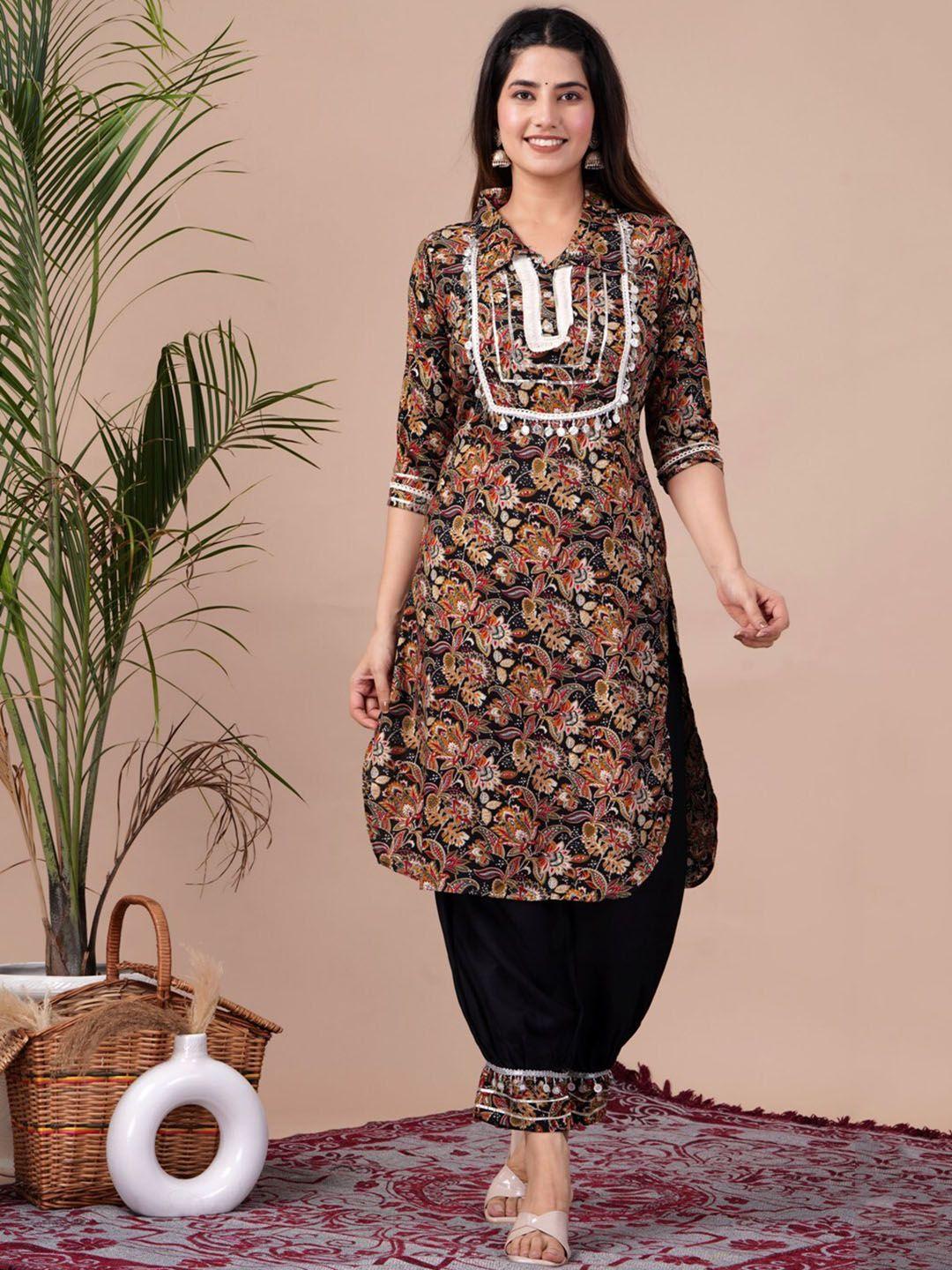 unisets women black floral printed regular gotta patti kurta with salwar & with dupatta