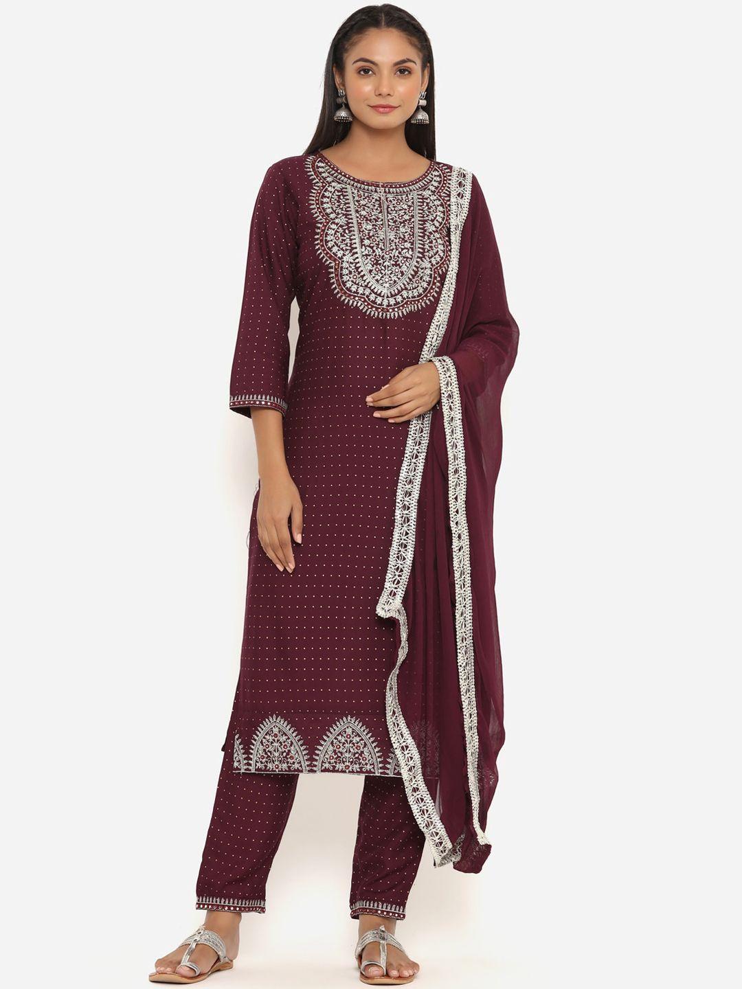 unisets women brown ethnic motifs embroidered kurti with trousers & with dupatta