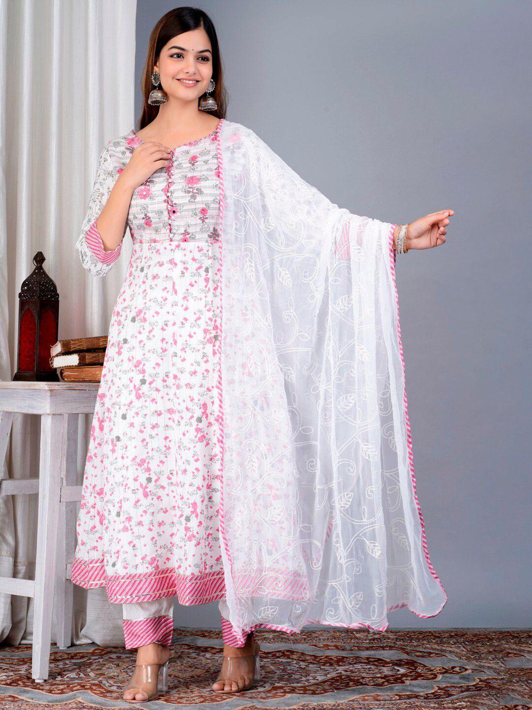 unisets women floral printed mirror work kurta with trousers & dupatta