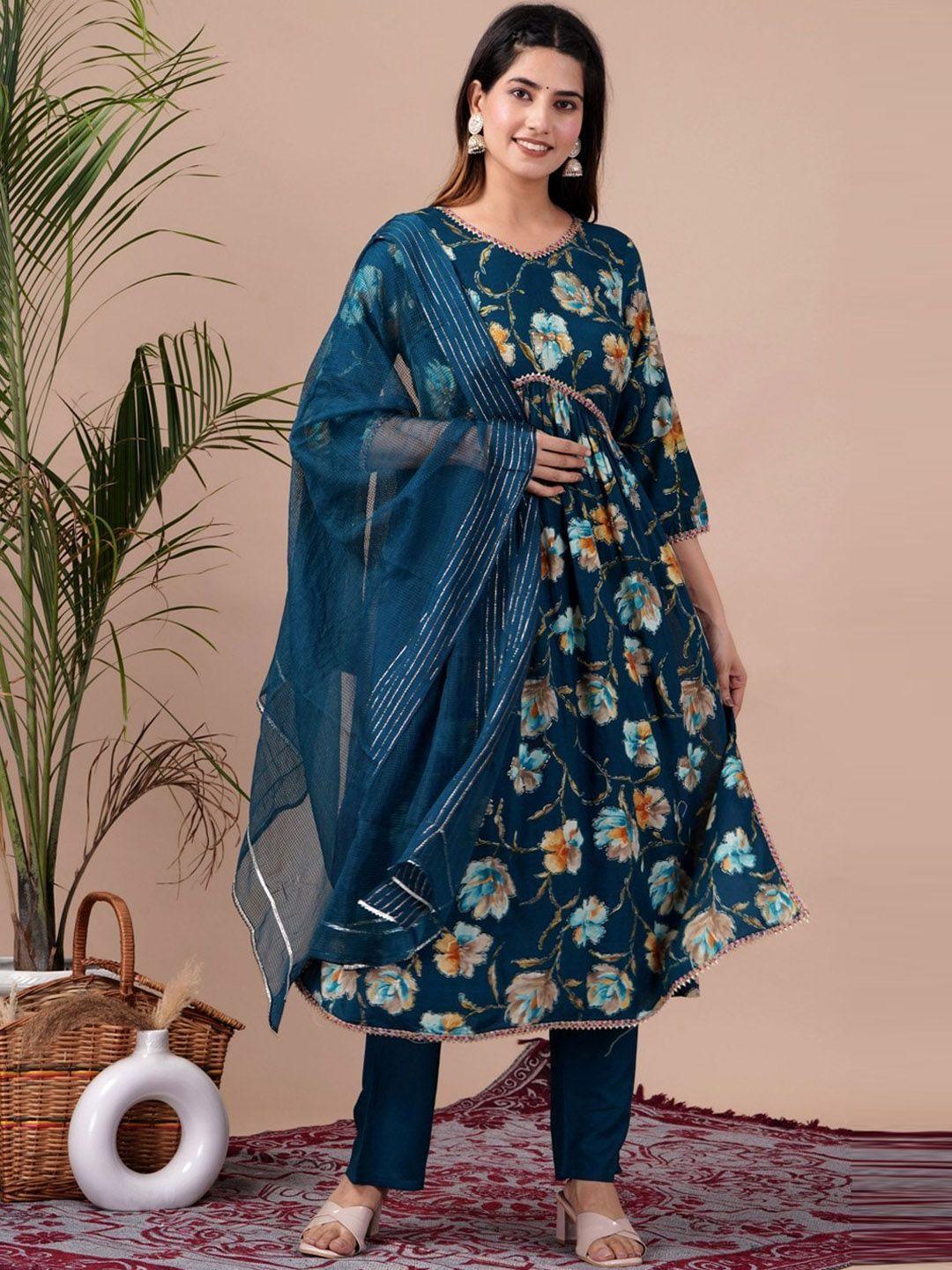 unisets women floral printed regular kurta with trousers & with dupatta