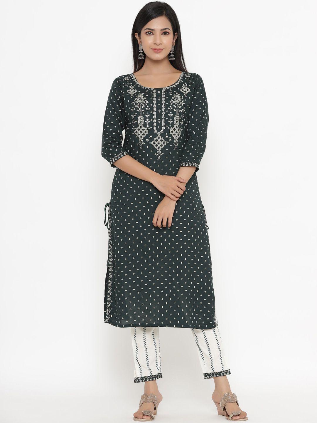 unisets women green ethnic motifs embroidered kurta with trousers