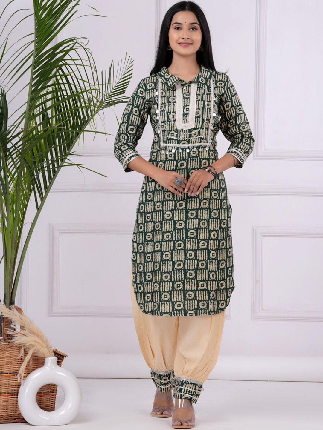 unisets women green ethnic motifs printed regular thread work kurta with salwar & with dupatta
