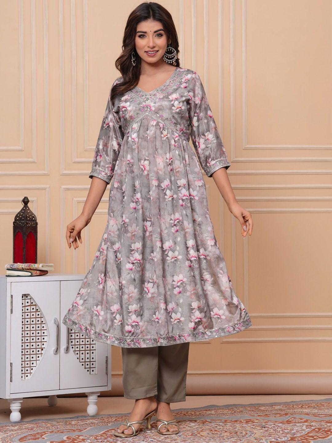 unisets women grey embroidered empire kurta with trousers