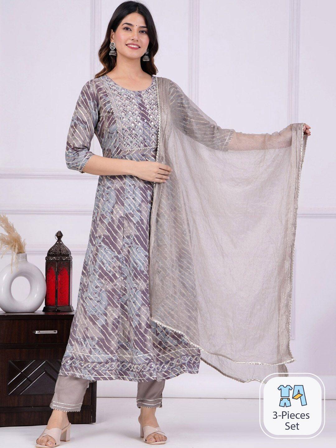 unisets women grey embroidered regular kurta with trousers & with dupatta