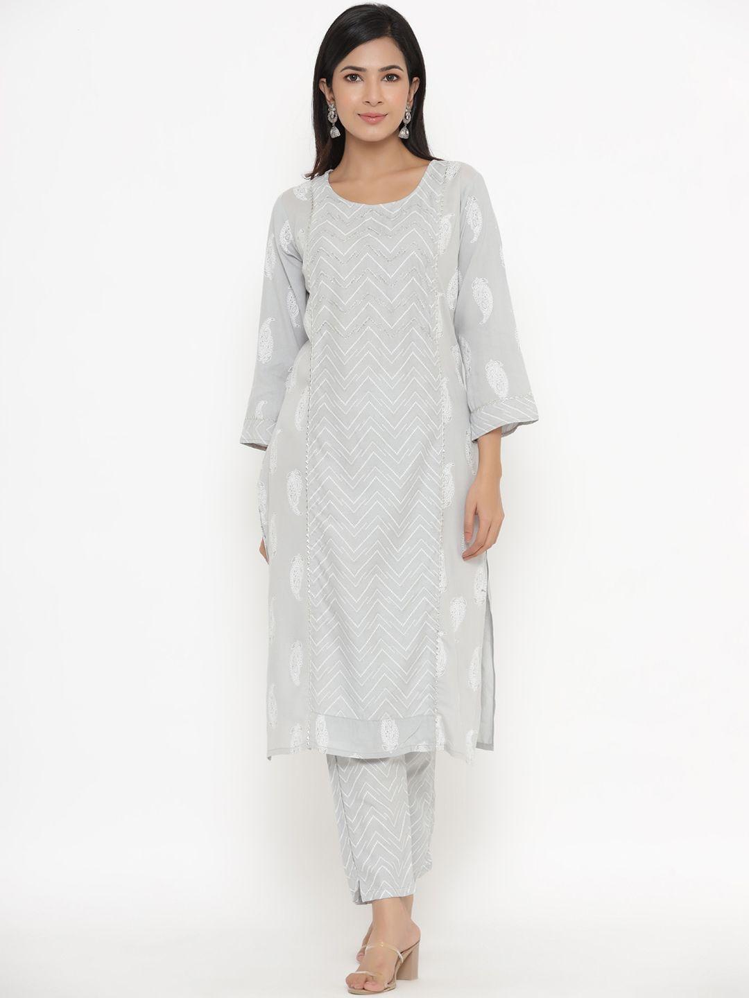 unisets women grey ethnic motifs printed panelled kurta with trousers