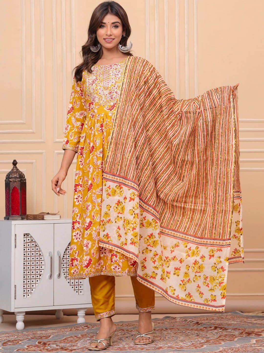 unisets women mustard yellow embroidered empire kurta with trousers & with dupatta