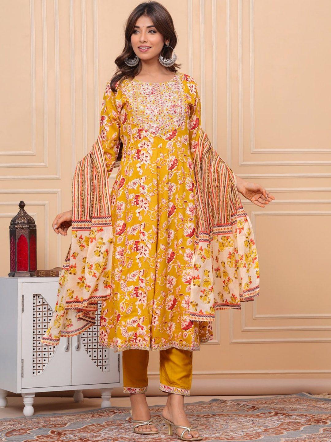 unisets women mustard yellow embroidered empire kurta with trousers & with dupatta