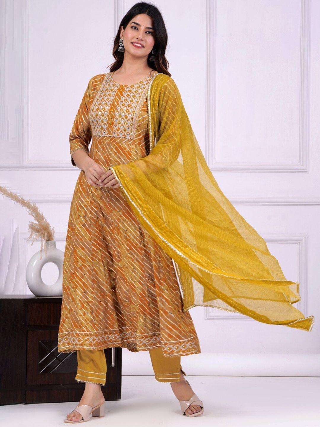 unisets women mustard yellow leheriya printed regular gotta patti kurta with trousers & with dupatta