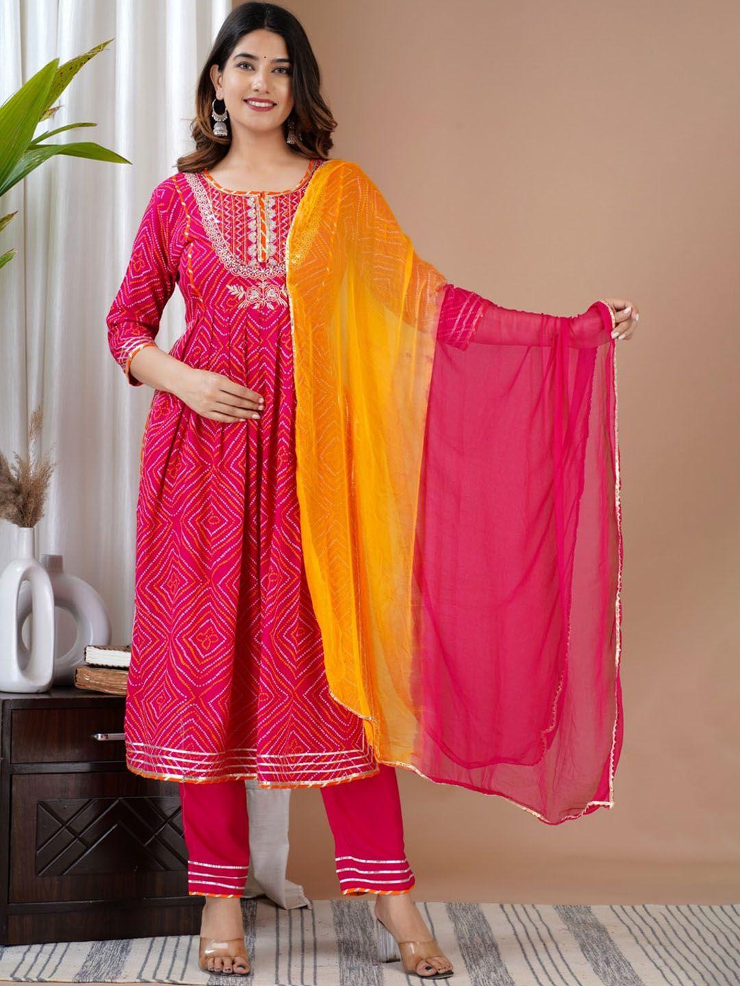 unisets women pink bandhani printed empire kurta with trousers & with dupatta