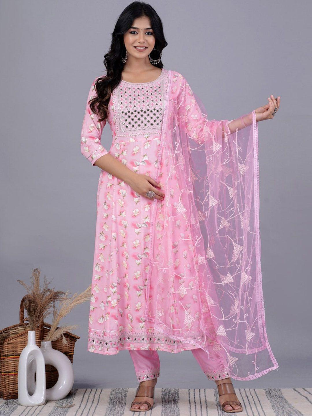 unisets women pink embroidered regular kurta with trousers & with dupatta