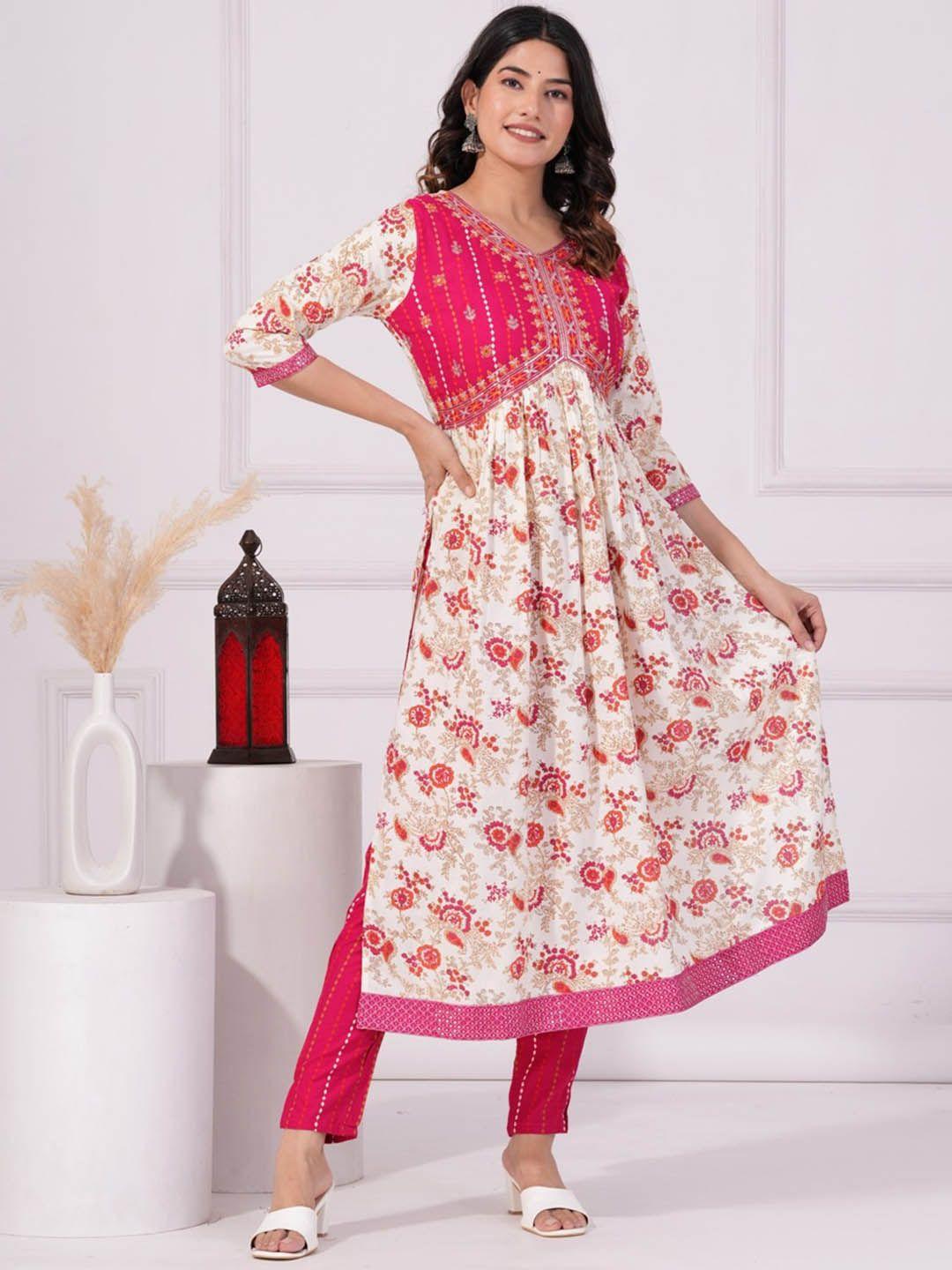 unisets women pink printed empire kurta with pyjamas & with dupatta