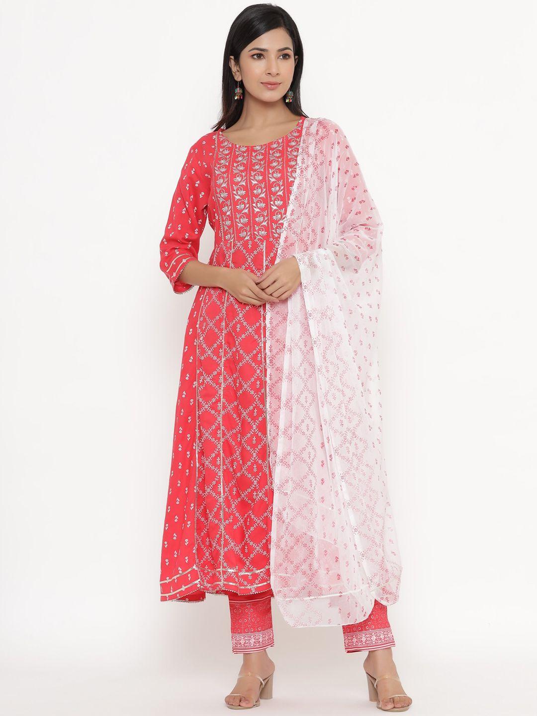 unisets women red ethnic motifs printed kurta with trousers & with dupatta