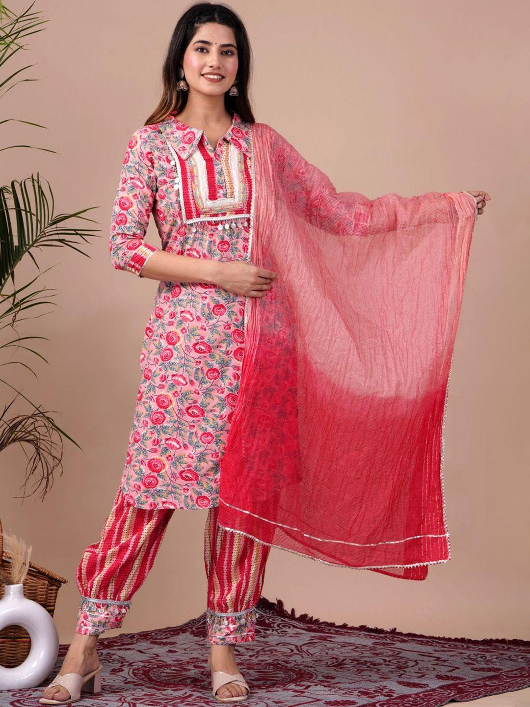 unisets women rose floral printed regular gotta patti kurta with salwar & with dupatta