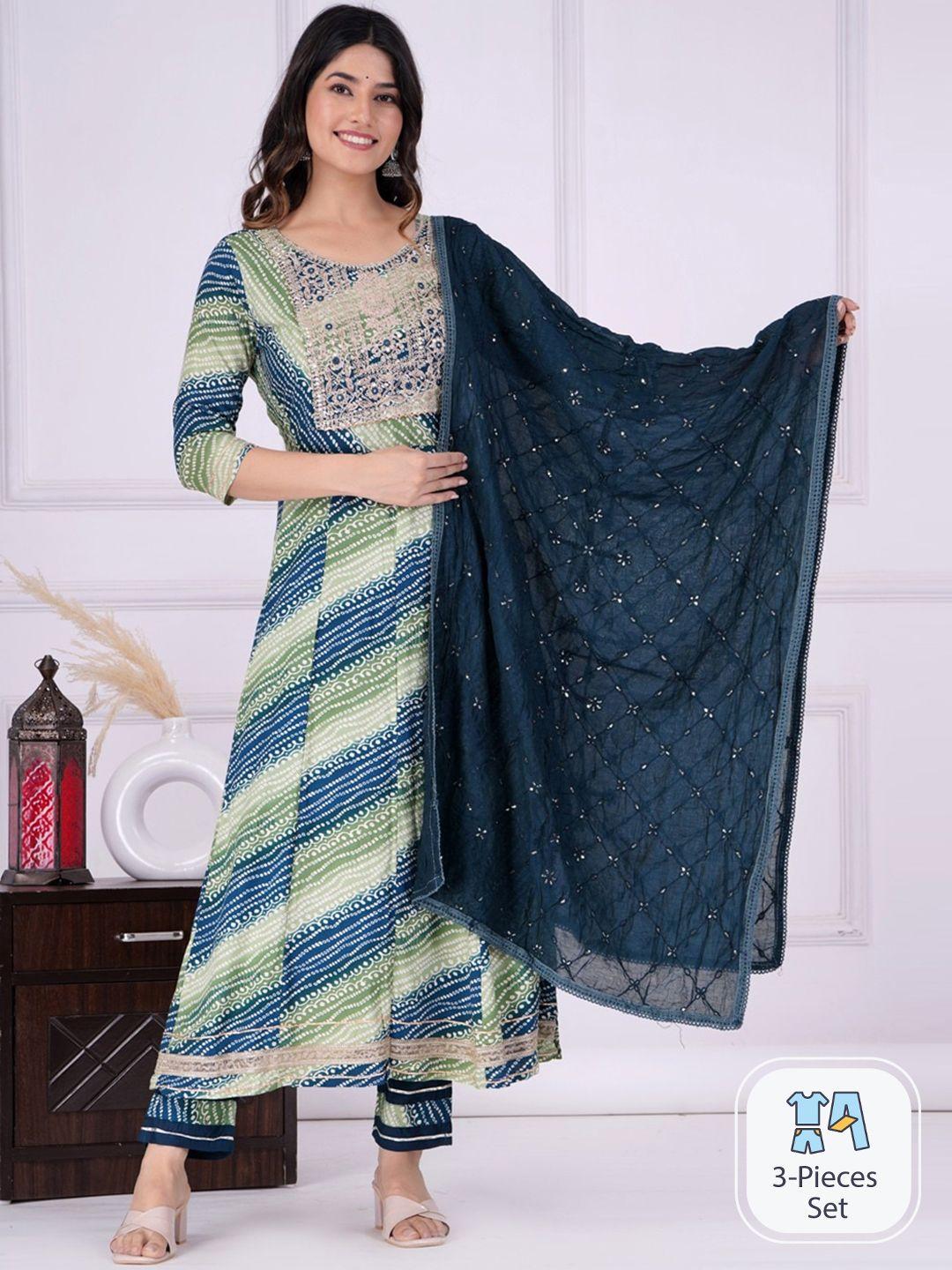 unisets women teal bandhani printed regular thread work kurta with trousers & with dupatta