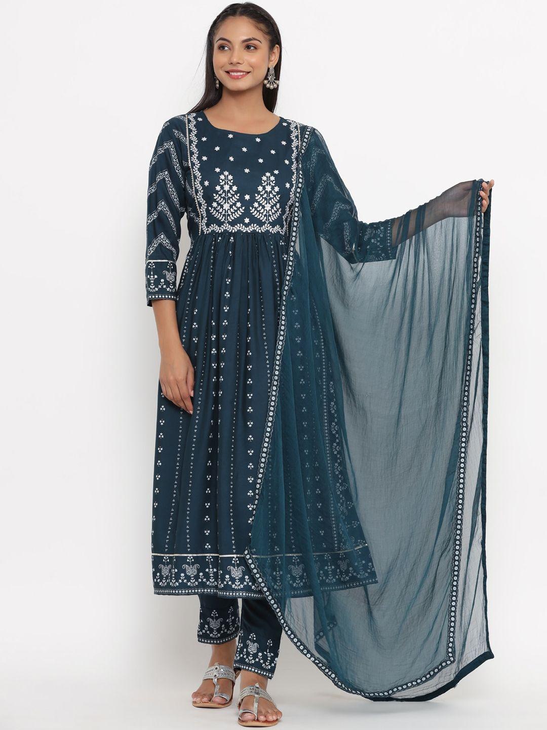 unisets women teal ethnic motifs yoke design pleated kurta with trousers & with dupatta