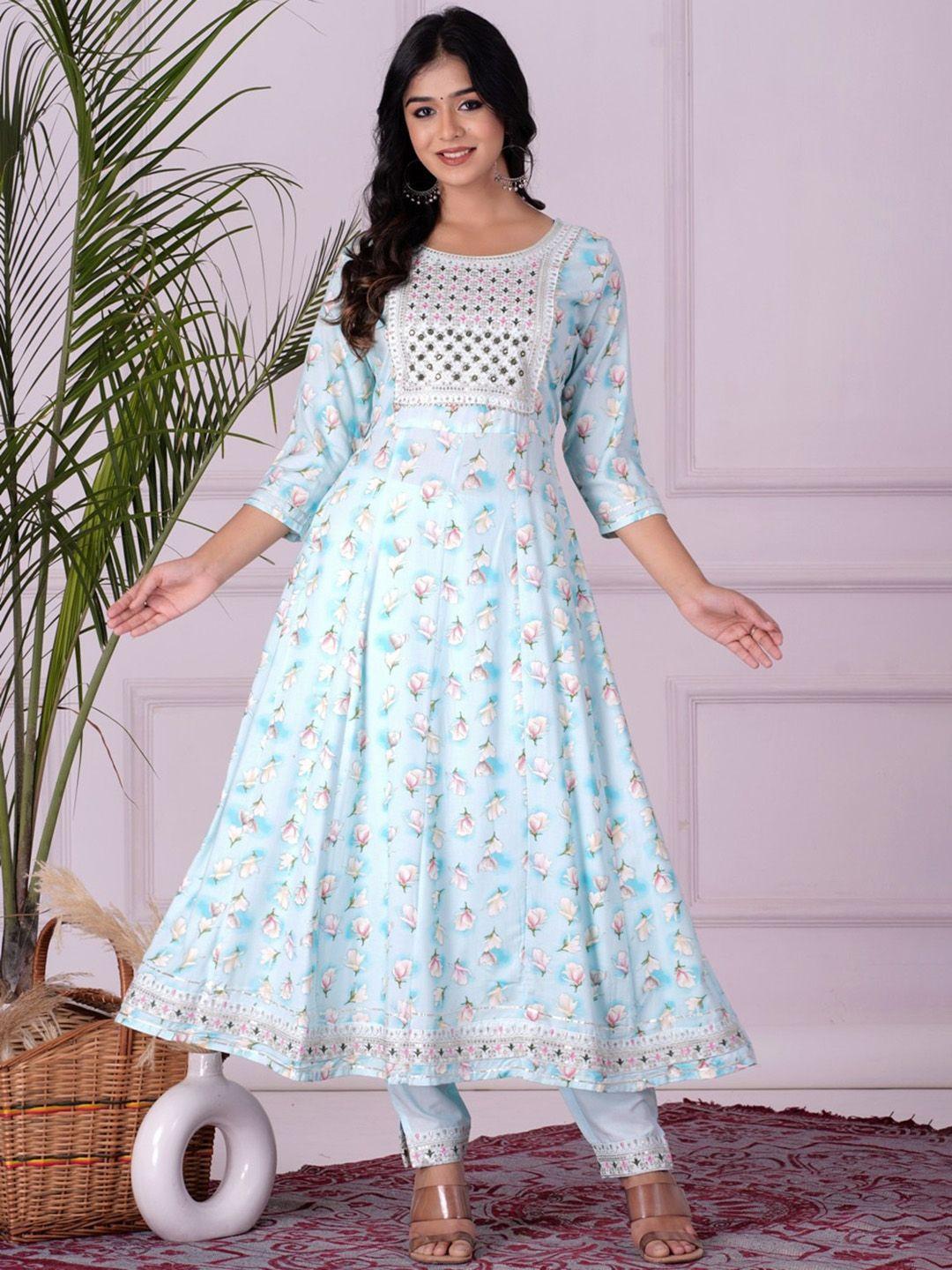 unisets women turquoise blue floral printed regular thread work kurta with trousers & with dupatta