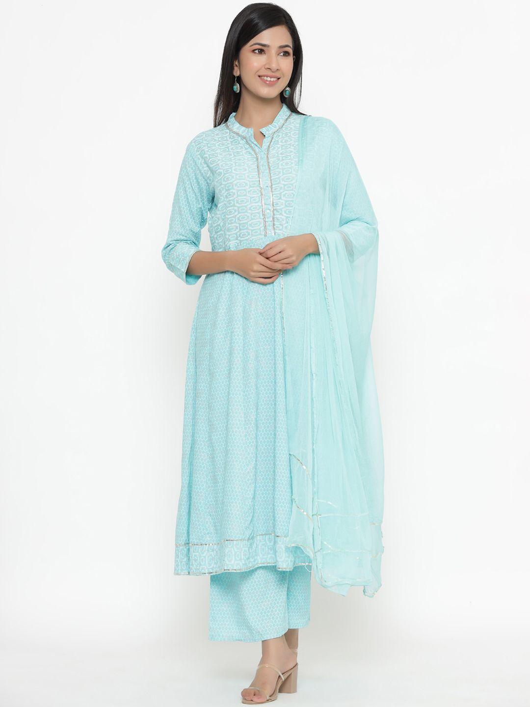 unisets women turquoise blue printed kurta with palazzos & with dupatta