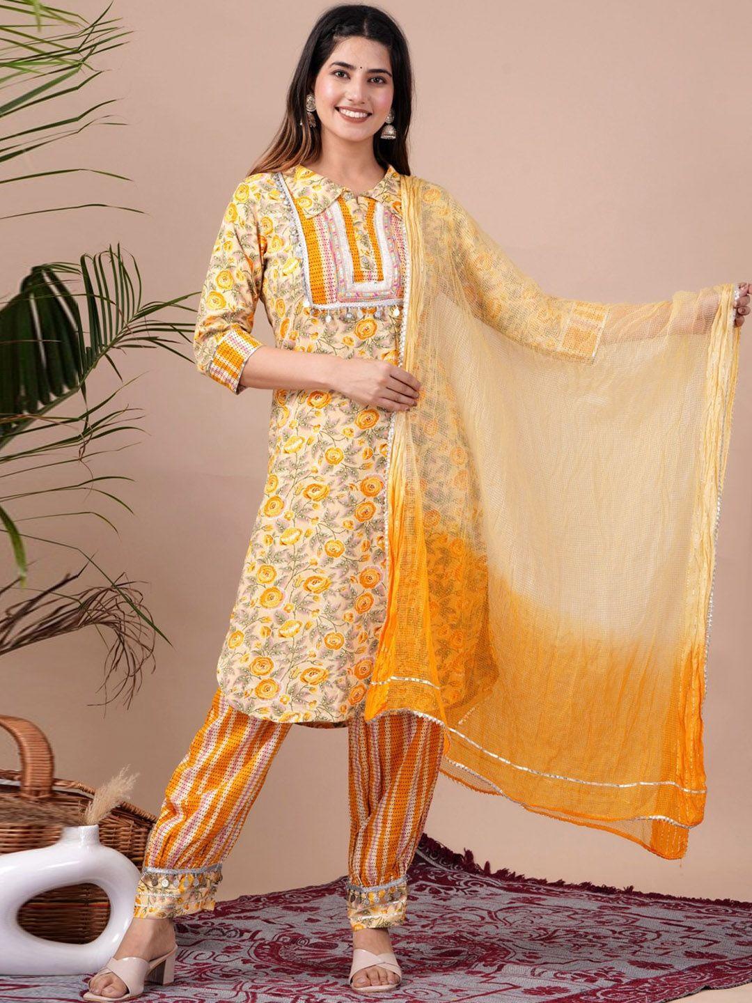 unisets women yellow floral printed regular gotta patti kurta with salwar & with dupatta