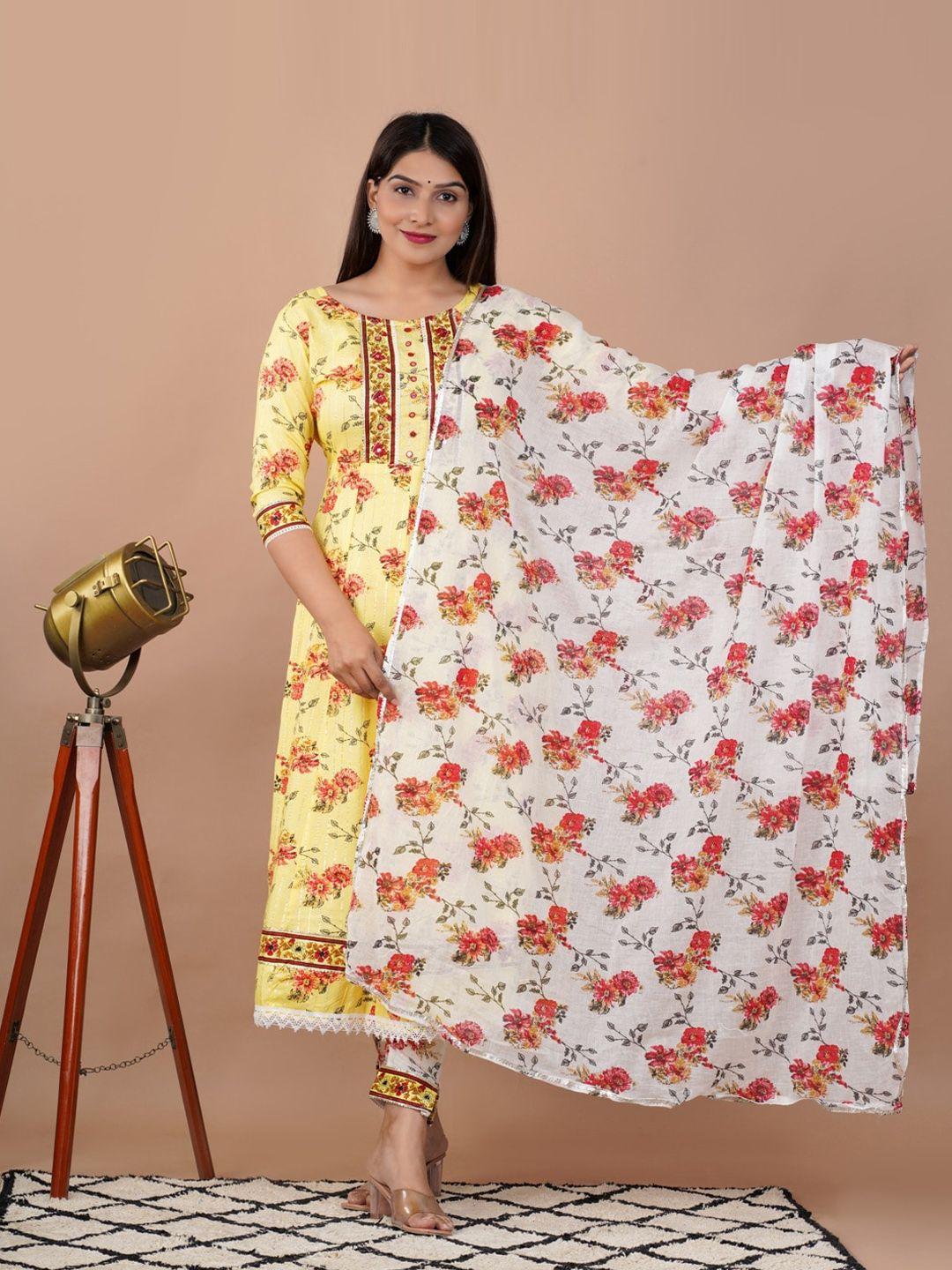 unisets yellow floral printed panelled gotta patti kurta with trousers & with dupatta