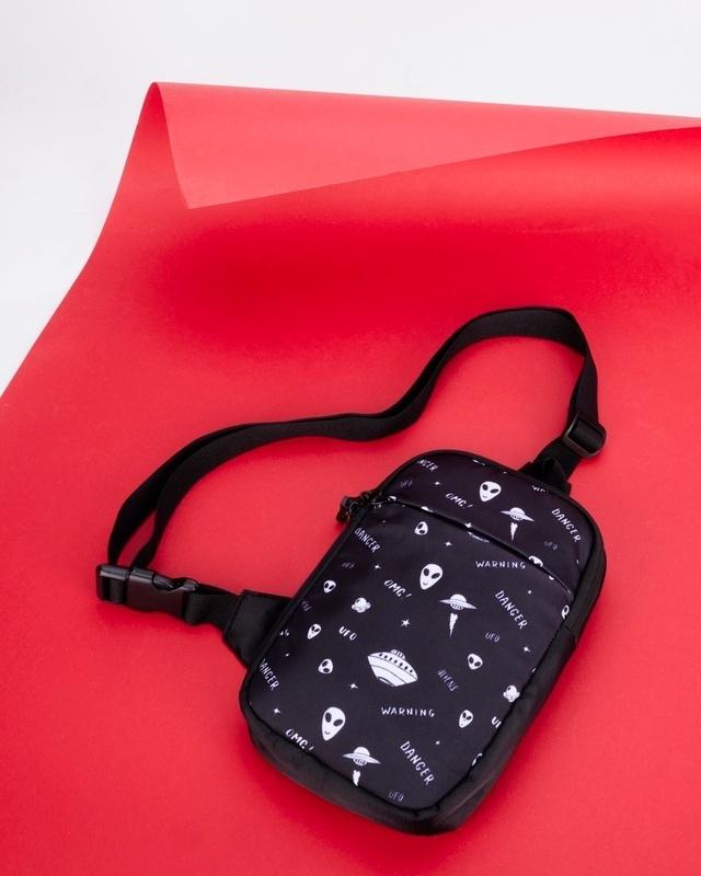 unisex black omg alien graphic printed sling bag