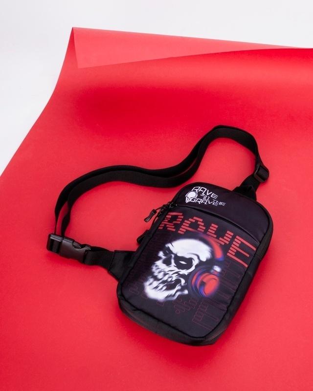 unisex black rave till grave graphic printed sling bag
