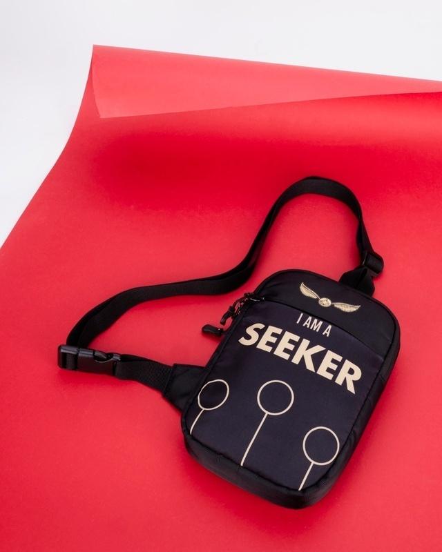 unisex black seeker typography sling bag