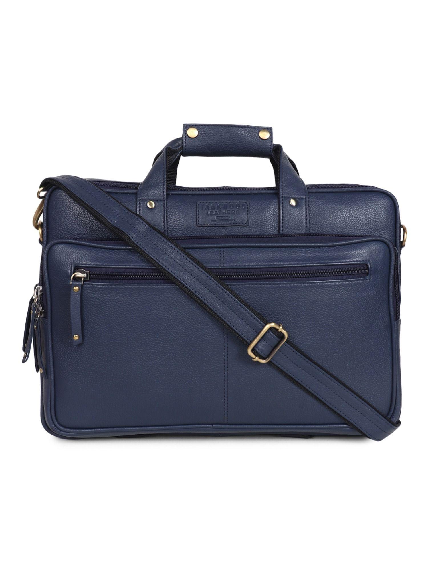 unisex blue solid leather laptop bag