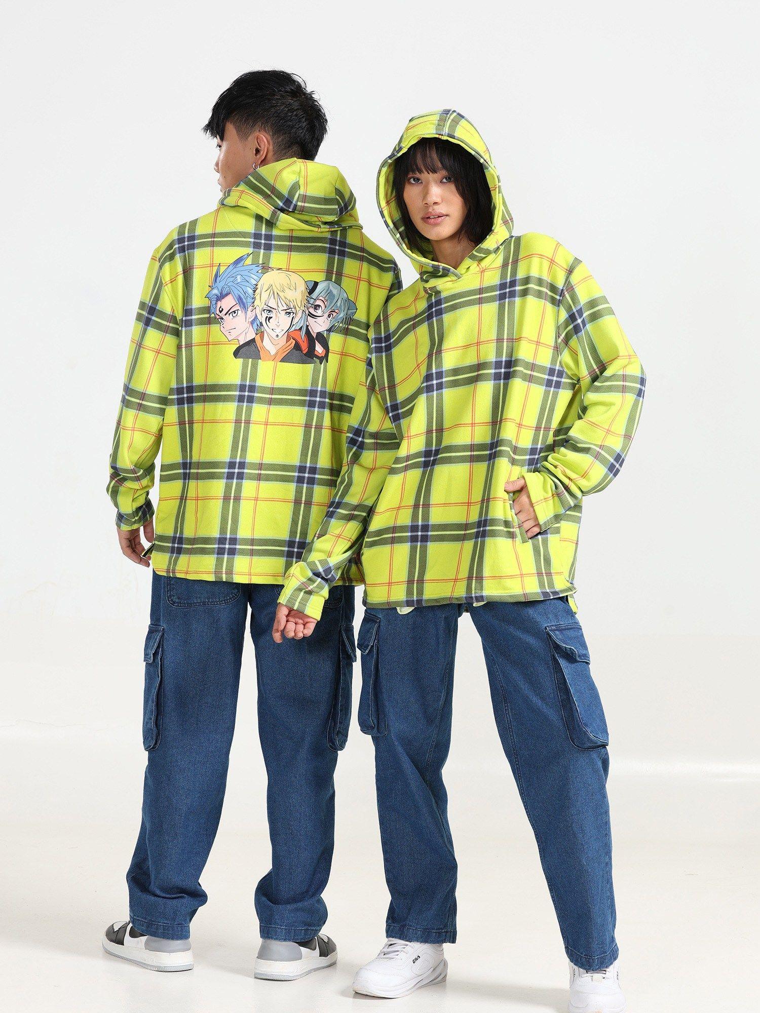 unisex digital printed checkered hoodie with cool anime print
