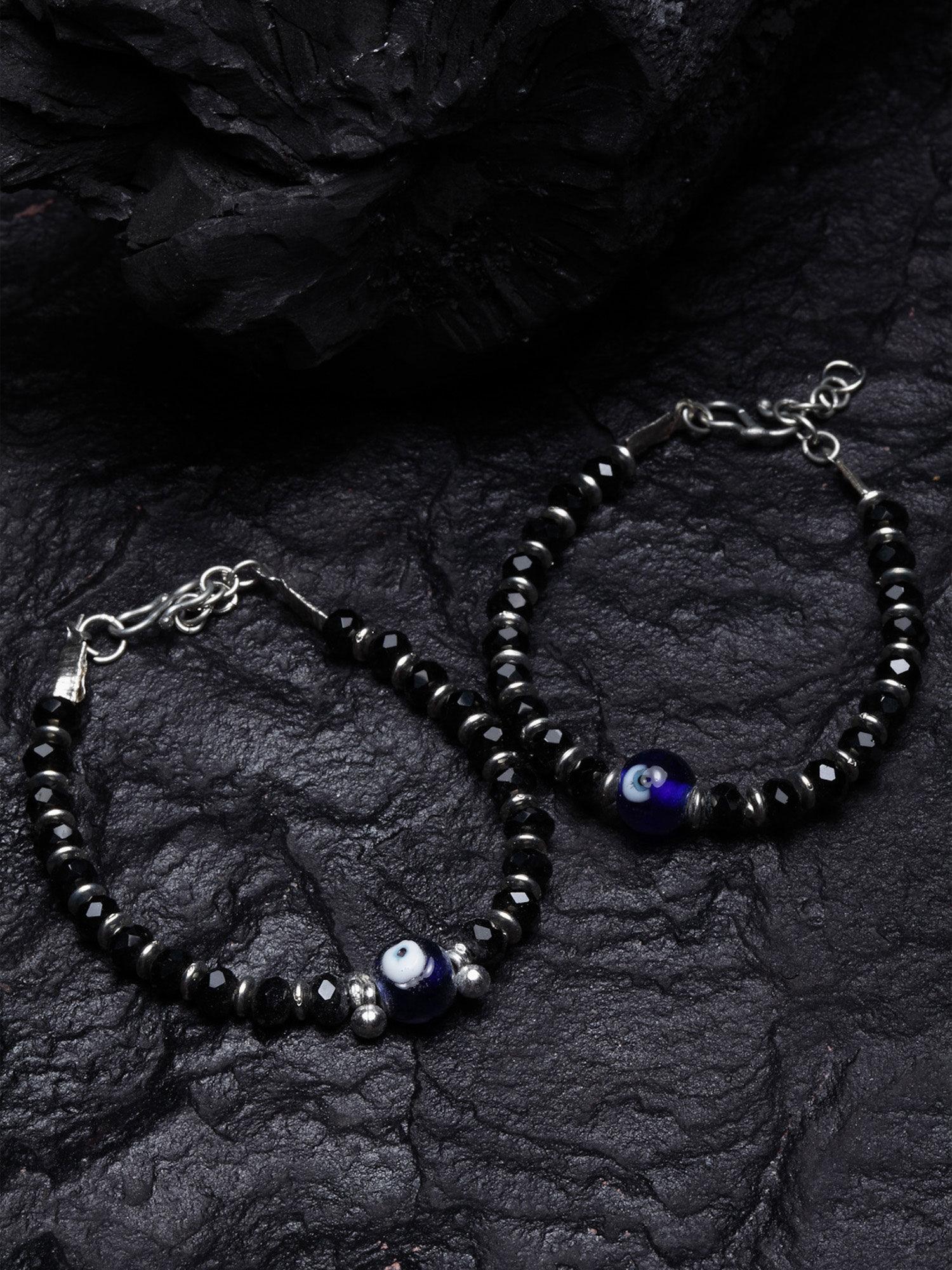 unisex silver-toned blue german silver oxidised evil eye charm bracelet