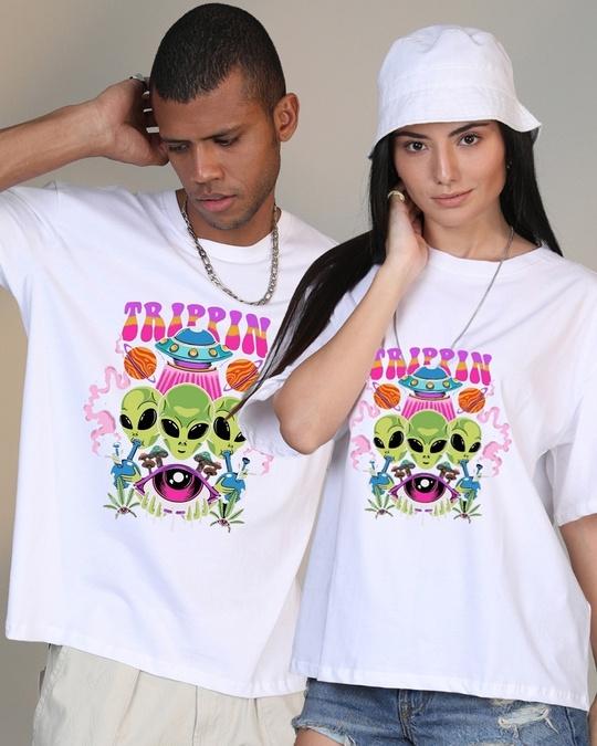 unisex white tripping graphic printed oversized t-shirt