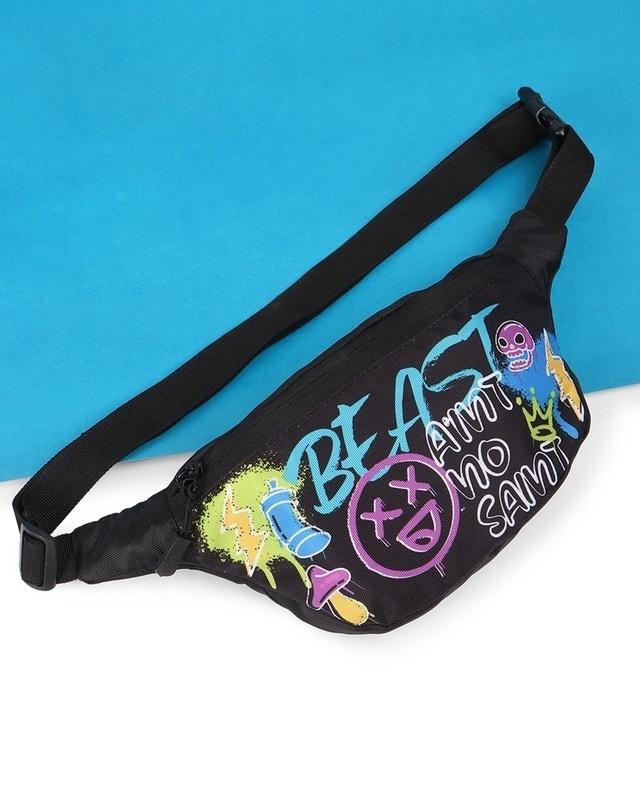 unisex black no saint printed fanny bag