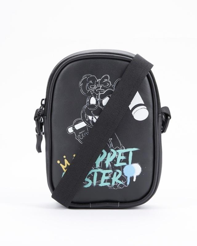 unisex black puppet master mini graphic printed sling bag