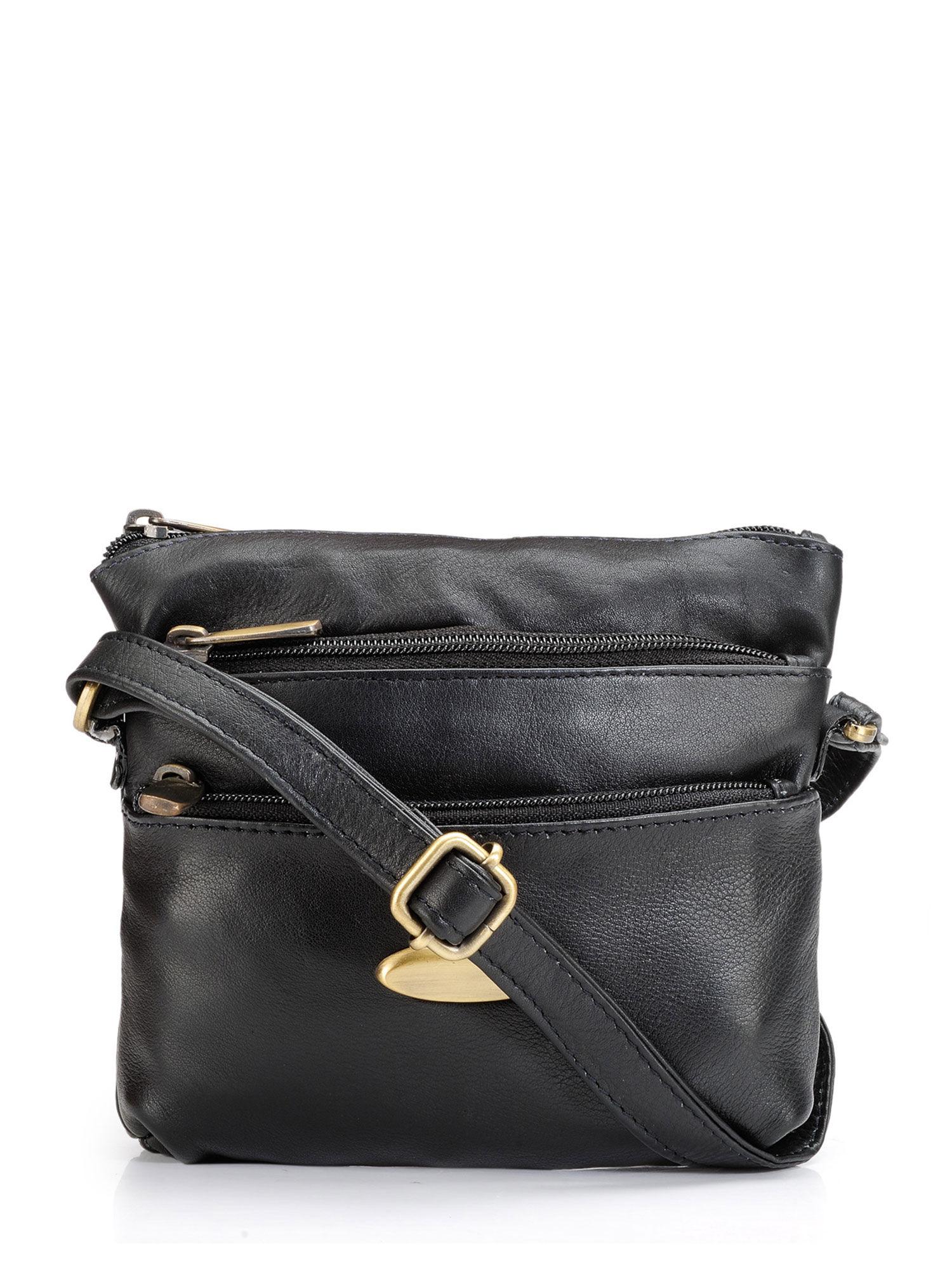 unisex black solid leather sling bag