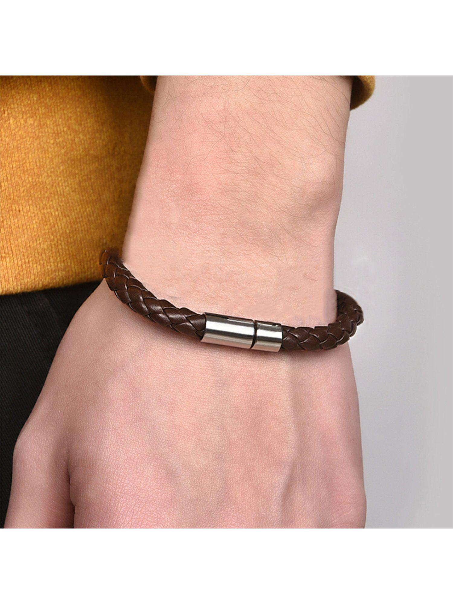 unisex brown & silver-toned leather wraparound bracelet