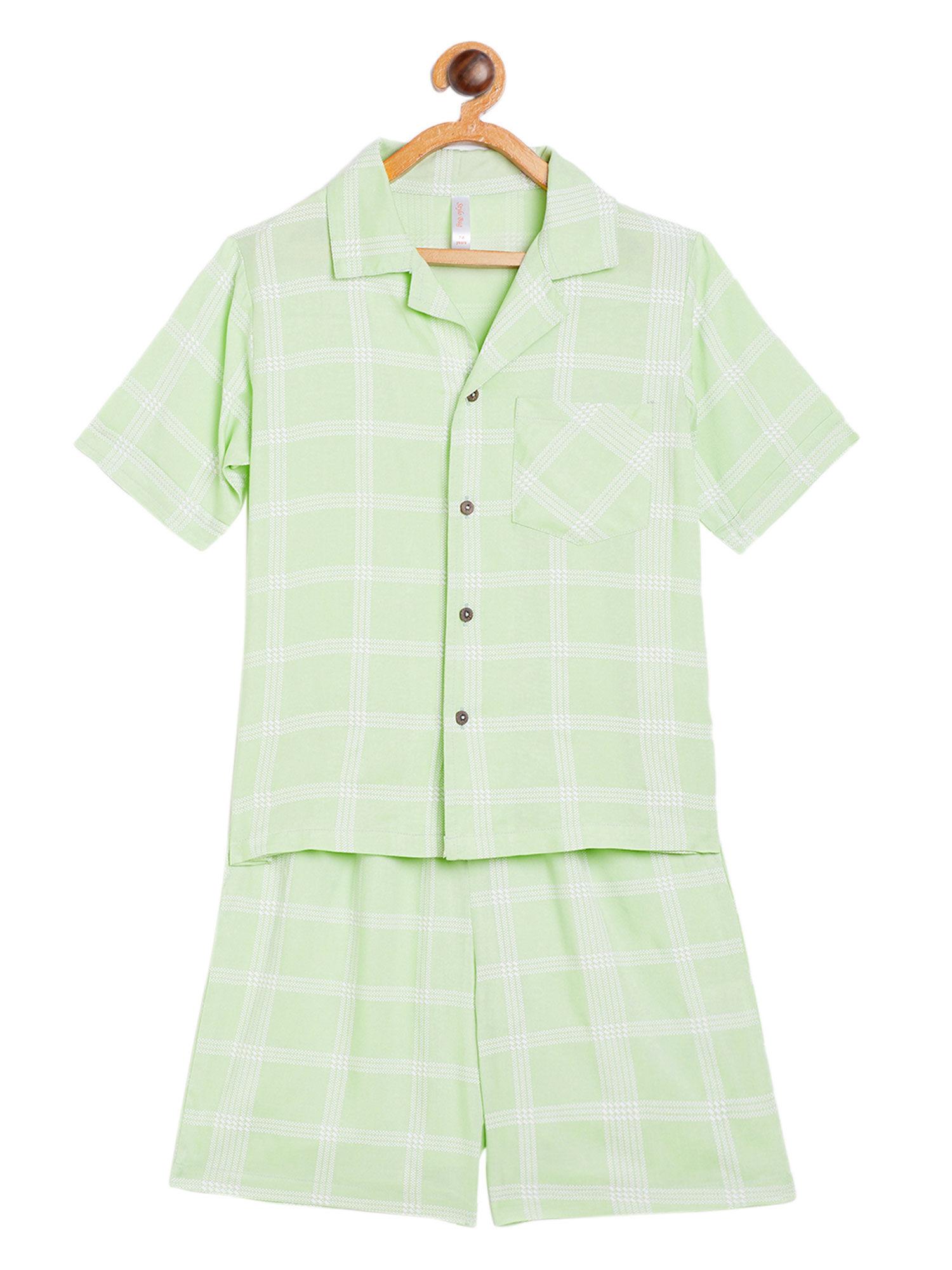 unisex checks printed collar neck half sleeves night suit green (set of 2)