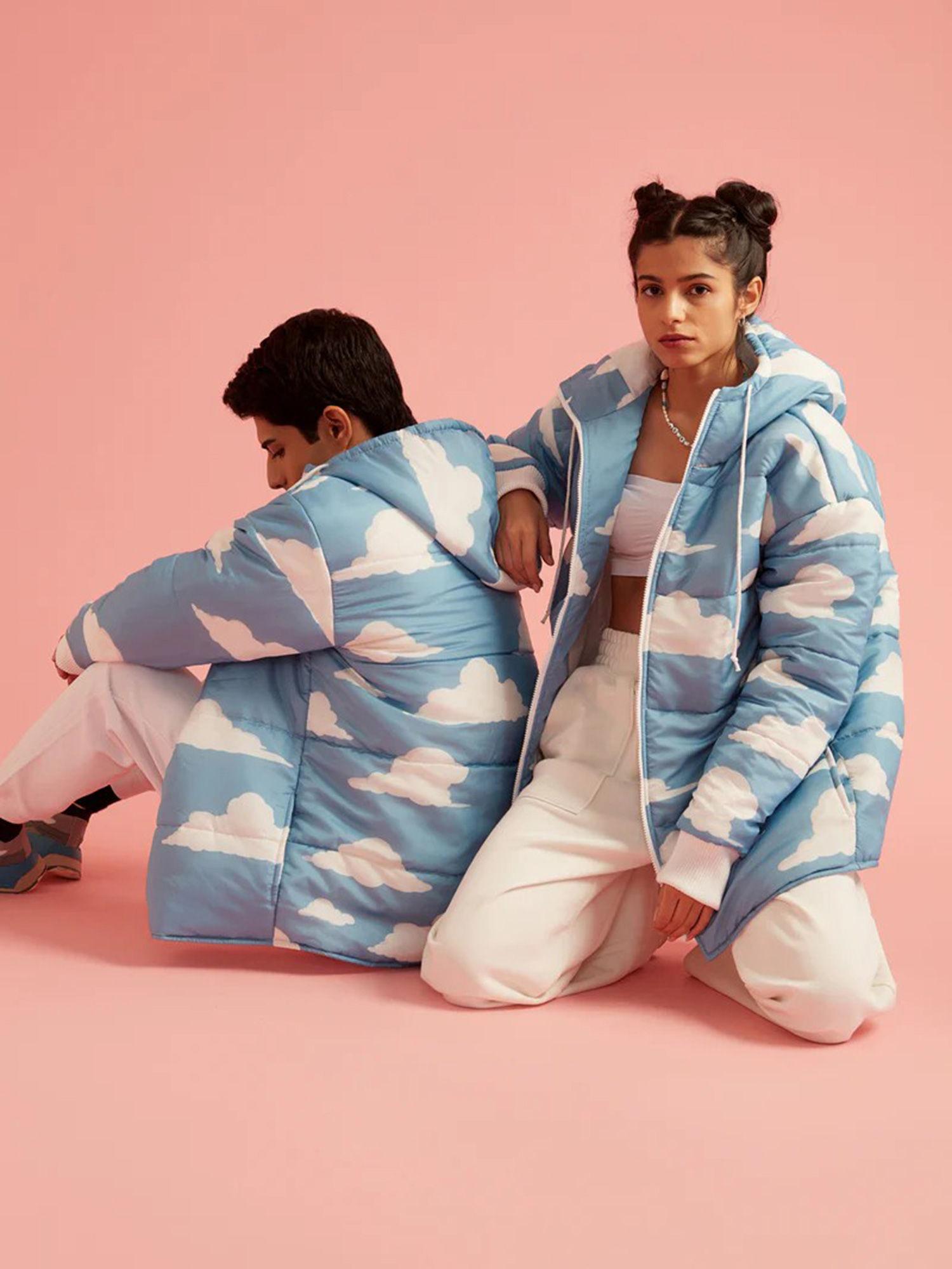 unisex cloud print puffer jacket with hoodie