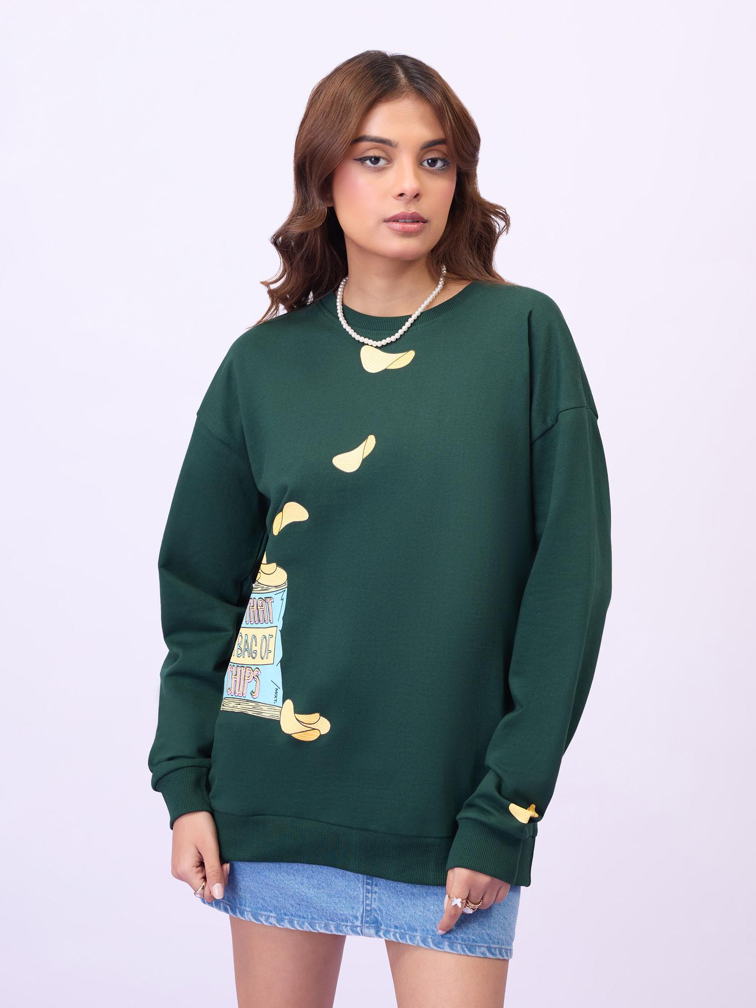 unisex green graphic print round neck oversized sweatshirt