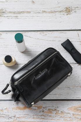 unisex italian leather toiletry kit travel organizer pouch - black