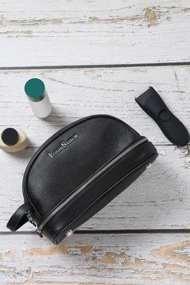unisex italian milled leather toiletry kit travel organizer pouch - black