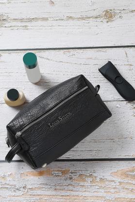 unisex italian shrunken leather toiletry kit travel organizer pouch - black