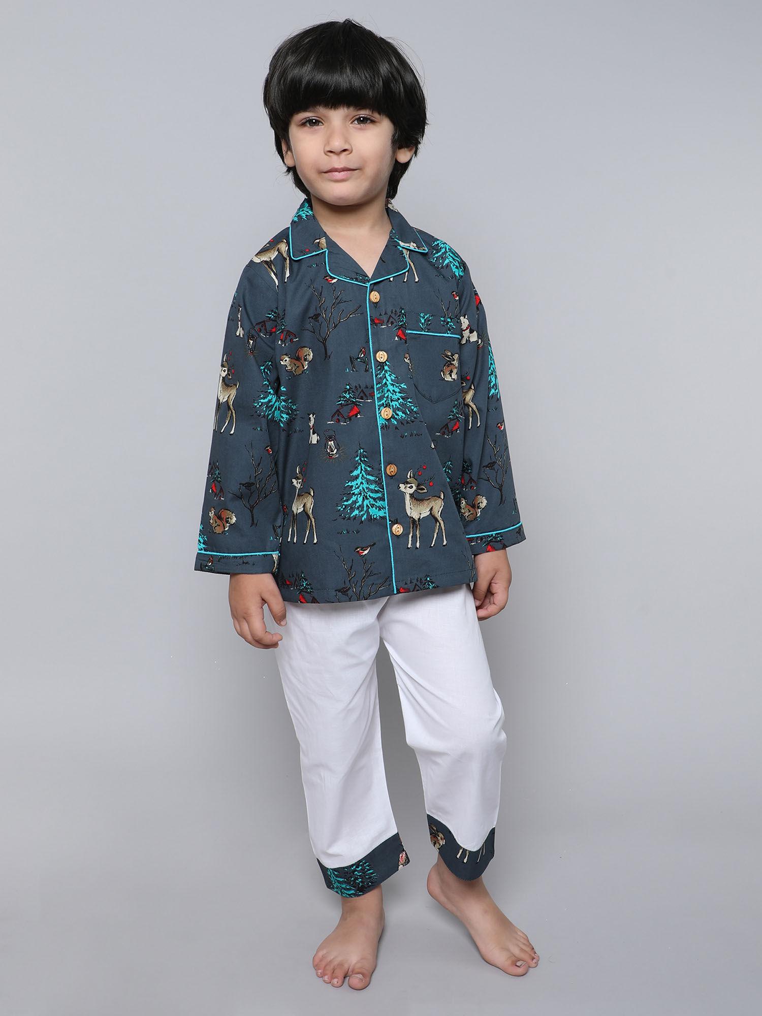 unisex printed full sleeve shirt with white pyjama (set of 2)