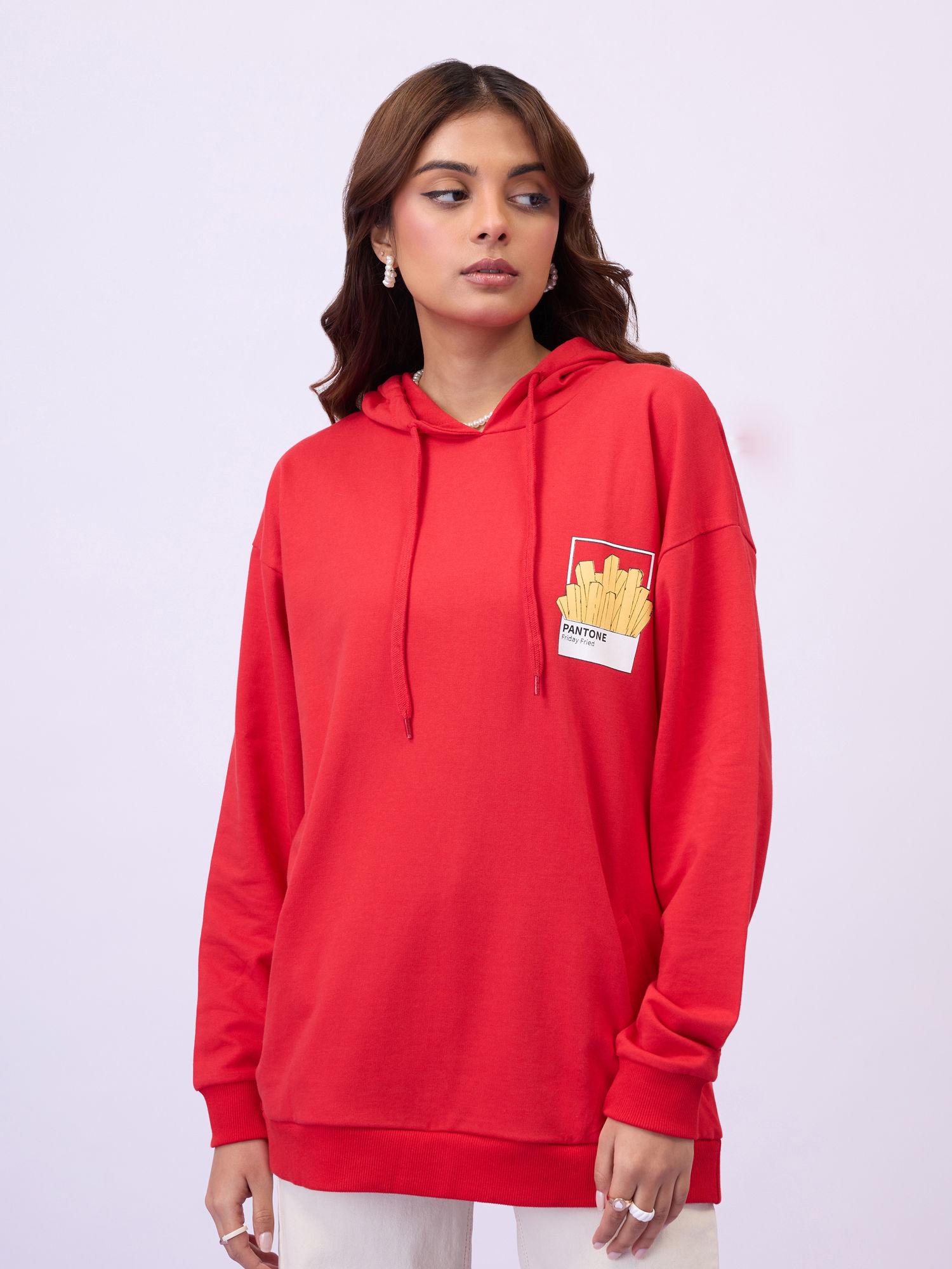 unisex red graphic print round neck oversized hoodie