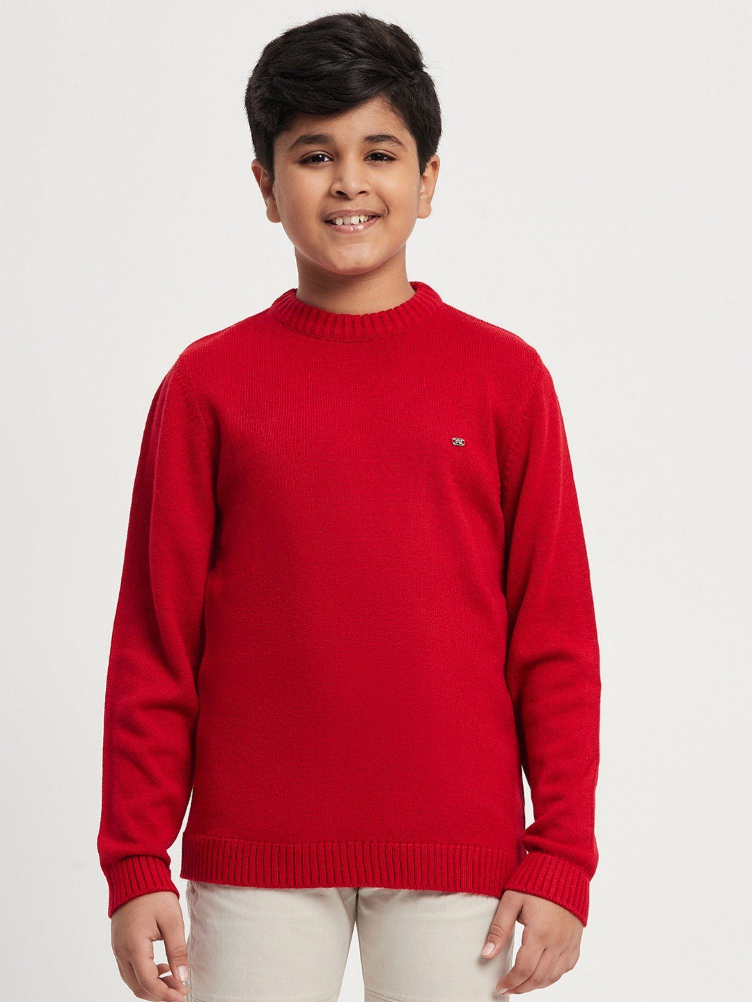 unisex red woven full sleeves round neck sweater