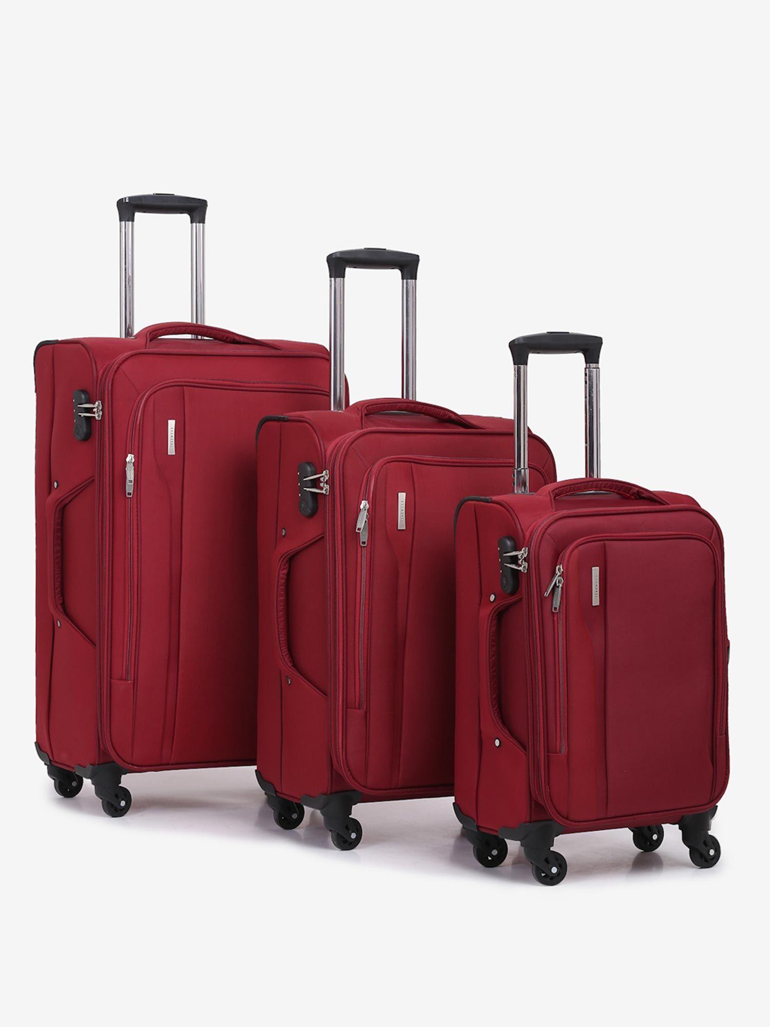 unisex set of 3 red solid soft-sided trolley suitcases